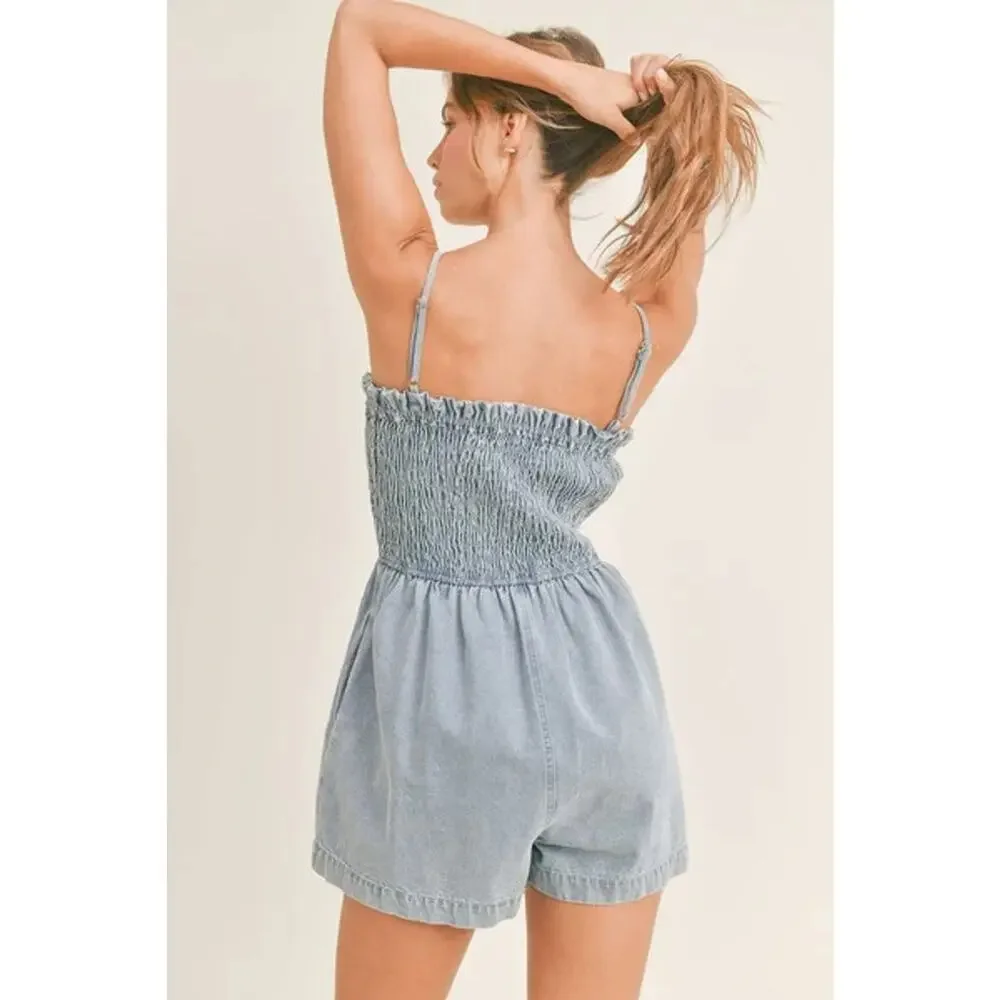 Anthropologie Pilcro Sleeveless Smocked Preppy Y2K Romper Washed Blue XS A004896 - Picture 2 of 11